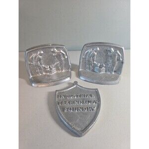 Vintage Industrial Technology Foundry Bookends & Shield Plaque Set Metalworkers